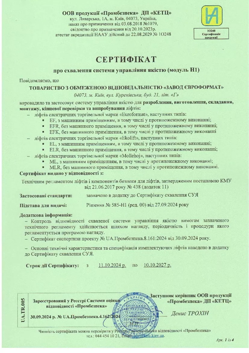 Certificate of approval of the Quality Management System (Module H1)